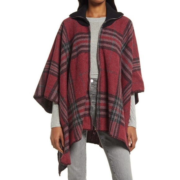 NORDSTROM TREASURE & BOND Women's Red Plaid Zip Up Cape One Size - Picture 1 of 12